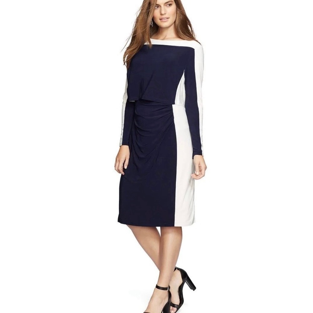 Ralph Lauren Navy Blue Ivory Color Block Stretch Jersey Ruched Sheath Dress 4‎